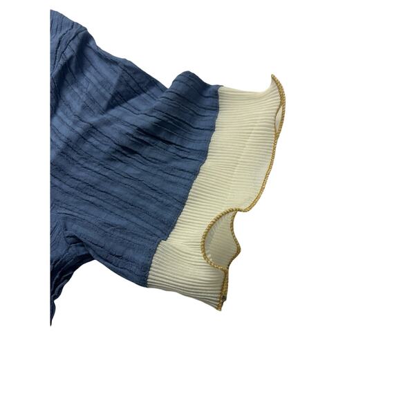 Blue Pleated Dress Collared Ruffle Gold Pearl Buttons Size XL Coquette - Picture 7 of 10